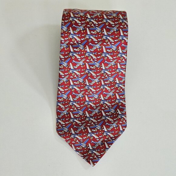 Beaufort Tie Rack Silk Tie Italy Red Multicolor Airplanes Clouds AOP W3.75 L59.5 - Picture 15 of 16